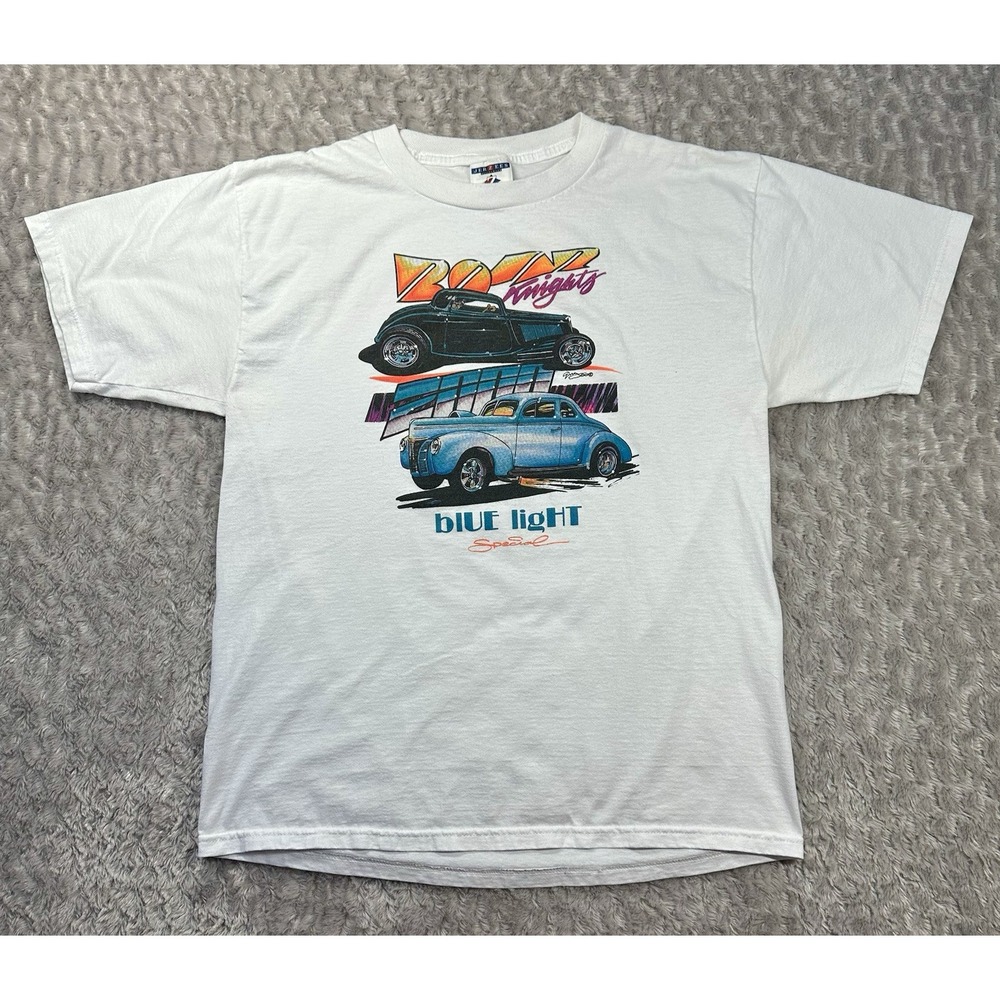 Vintage 00s Shirt Mens Large White Hod Rod Cars Roar Knights Blue Light Special
